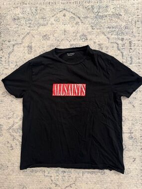 AllSaints Black Short Sleeve Tee with Red Box Logo